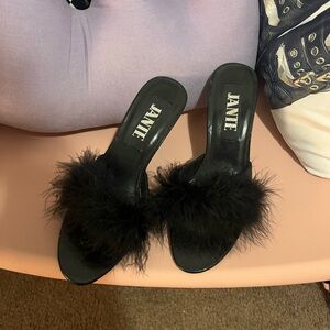 Vintage fuzzy black mules